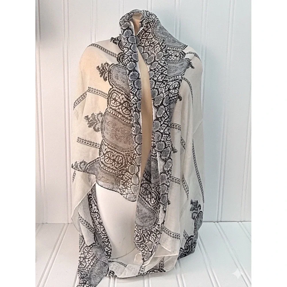 Chico's‎ Scarf Wrap Women OS White Black Lace Print Lightweight Shawl Classic